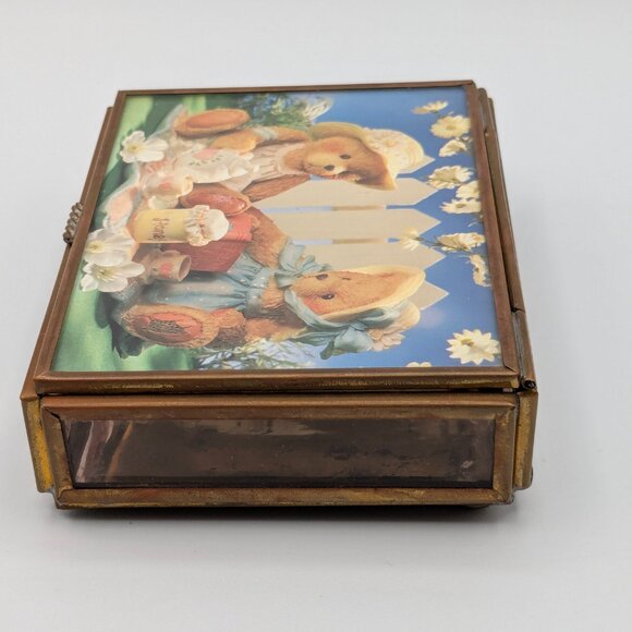 Cherished Teddies Trinket Box Glass Mirror Brass 4" x 3" x 1" - Picture 5 of 13